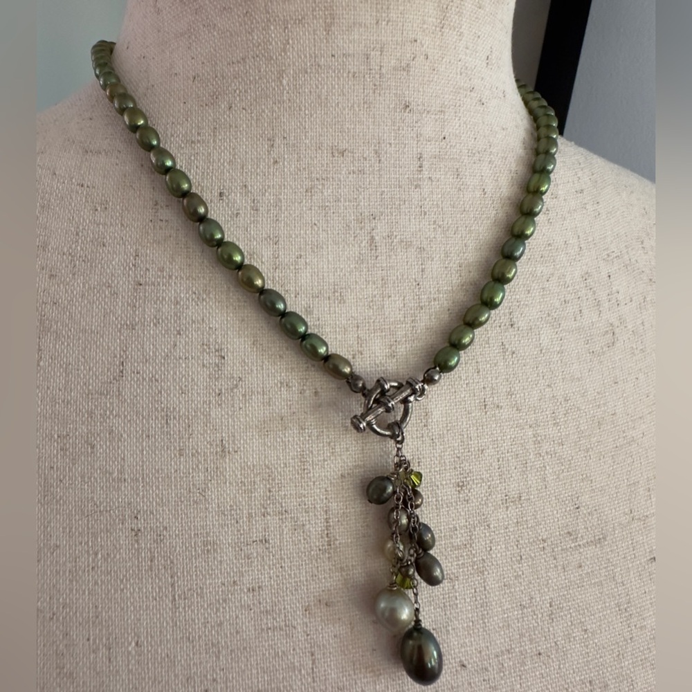 Fresh Water Pearls Dyed Green and Silver Asymmetrical Pendant Necklace